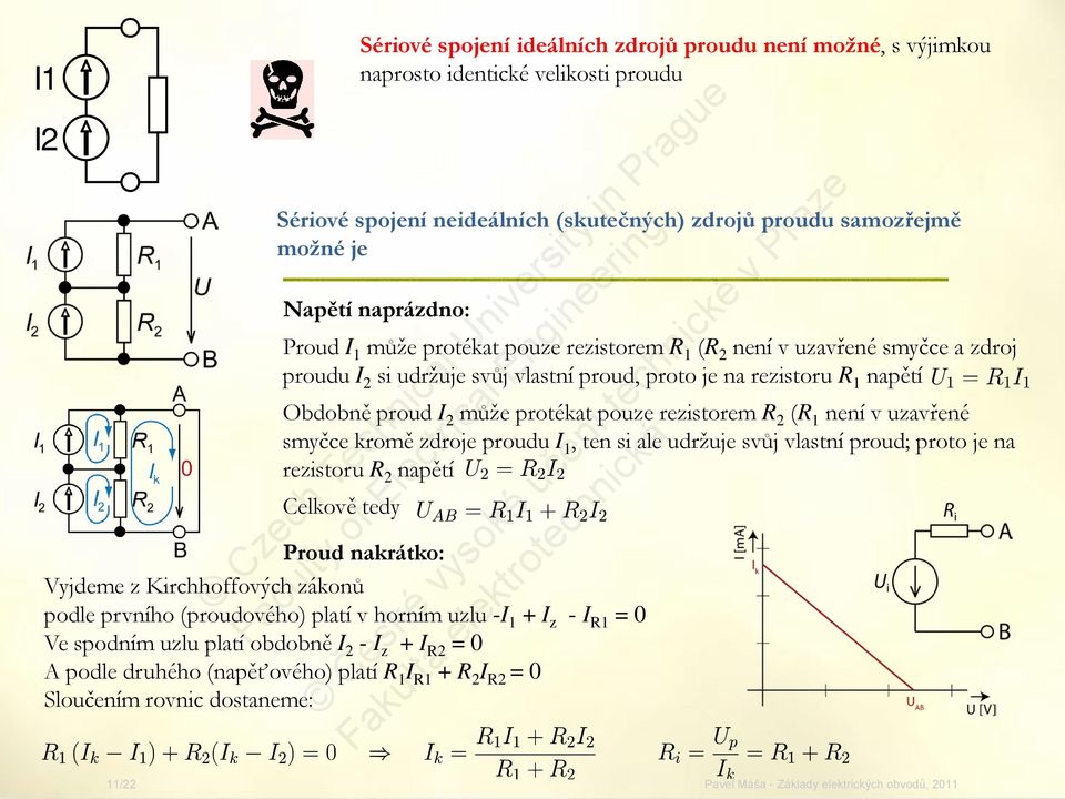 rezistorem R 2 (R 1 není v uzavřené smyčce kromě zdroje proudu I 1, ten si ale udržuje svůj vlastní proud; proto je na rezistoru R 2 napětí Celkově tedy Proud nakrátko: Vyjdeme z Kirchhoffových