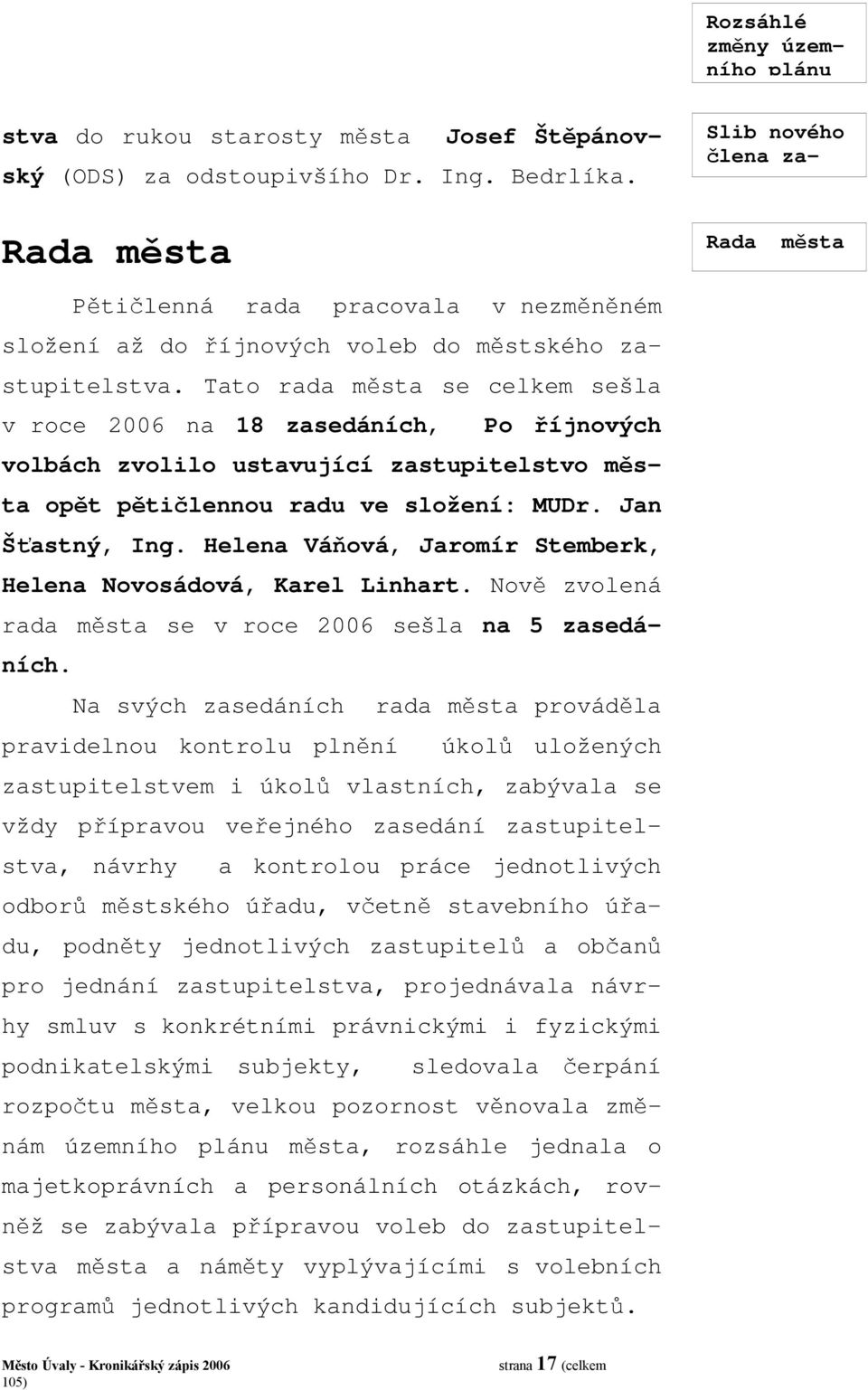 Tato rada města se celkem sešla v roce 2006 na 18 zasedáních, Po říjnových volbách zvolilo ustavující zastupitelstvo města opět pětičlennou radu ve složení: MUDr. Jan Šťastný, Ing.