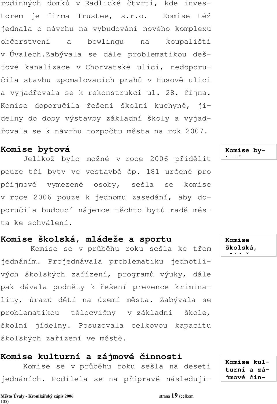 Komise doporučila řešení školní kuchyně, jídelny do doby výstavby základní školy a vyjadřovala se k návrhu rozpočtu města na rok 2007.