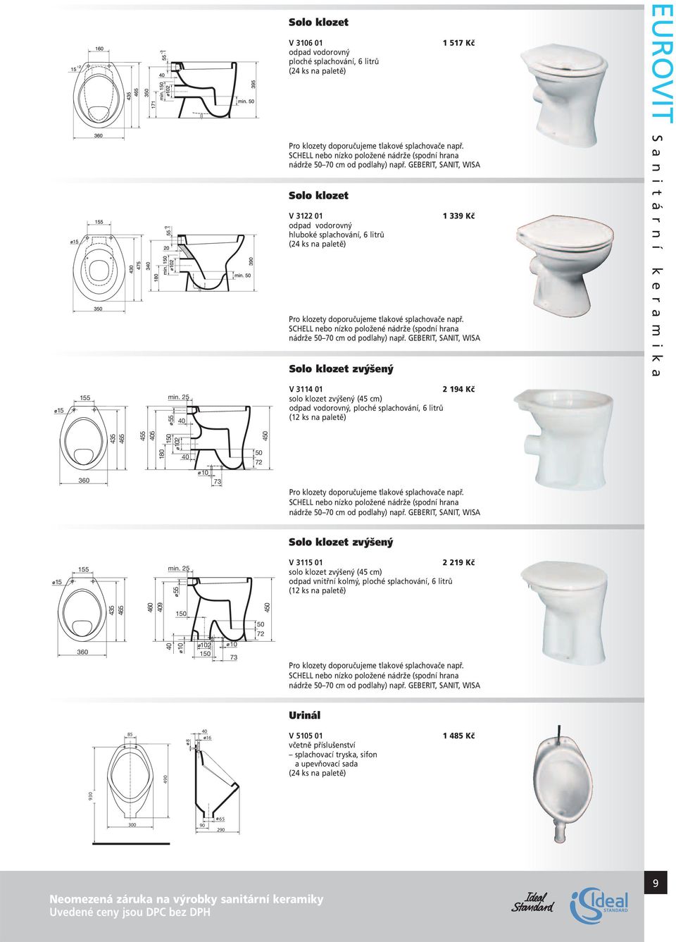 GEBERIT, SANIT, WISA Solo klozet V 3122 01 odpad vodorovný hluboké splachování, 6 litrů (24 ks na paletě) 1 339 Kč Pro klozety doporučujeme tlakové splachovače např.