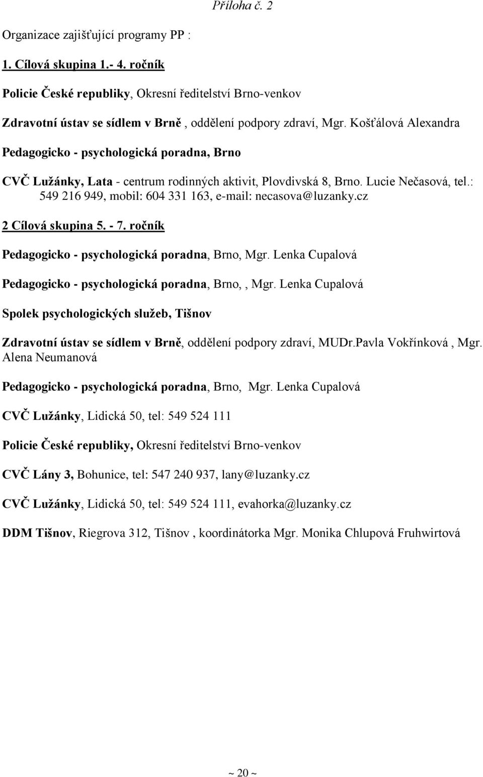 Košťálová Alexandra Pedagogicko - psychologická poradna, Brno CVČ Lužánky, Lata - centrum rodinných aktivit, Plovdivská 8, Brno. Lucie Nečasová, tel.