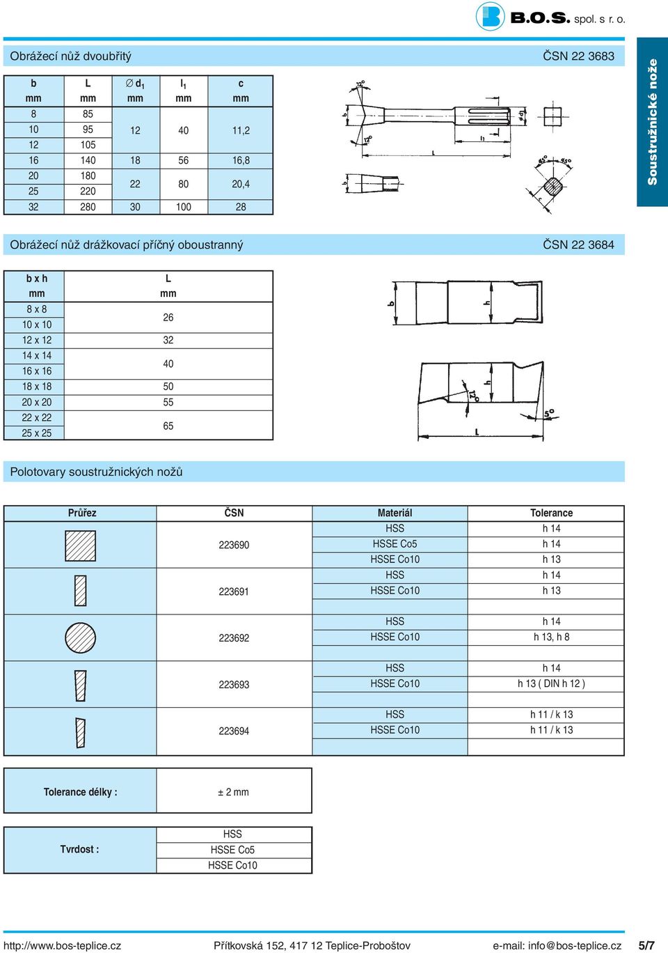 Tolerance HSS h 14 223690 HSSE Co5 h 14 HSSE Co10 h 13 HSS h 14 223691 HSSE Co10 h 13 Tolerance délky : Tvrdost : 223692 223693 223694 ± 2 mm HSS HSSE Co5 HSSE Co10 HSS h 14 HSSE Co10 h 13, h