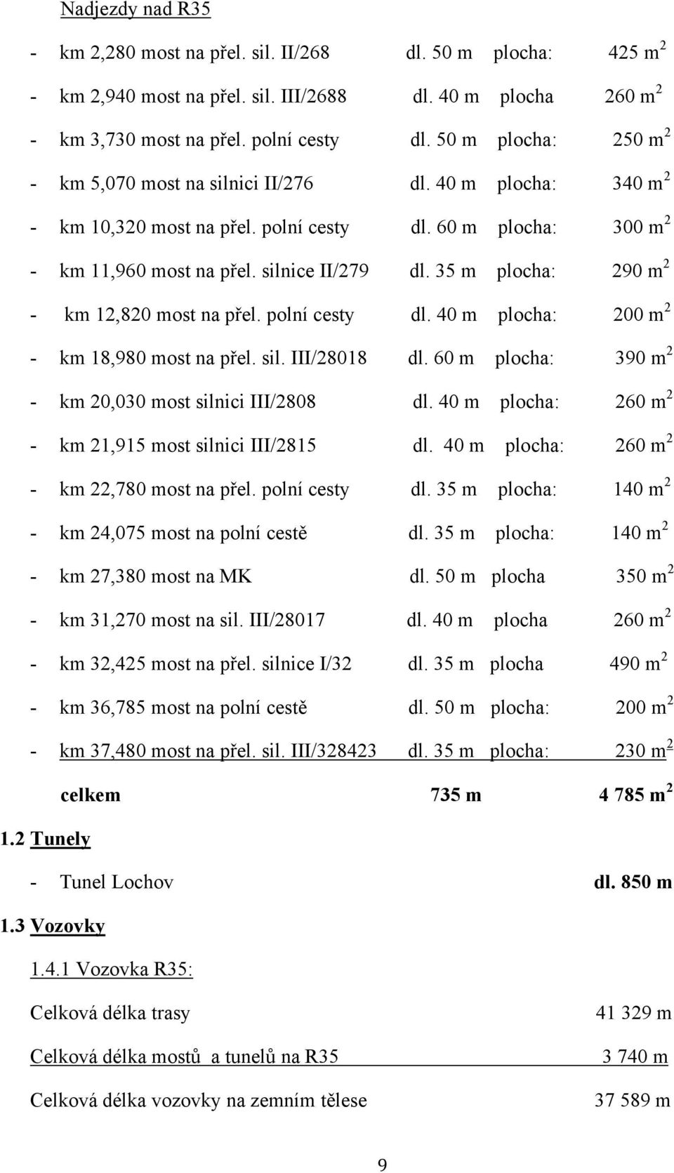 35 m plocha: 290 m 2 - km 12,820 most na přel. polní cesty dl. 40 m plocha: 200 m 2 - km 18,980 most na přel. sil. III/28018 dl. 60 m plocha: 390 m 2 - km 20,030 most silnici III/2808 dl.