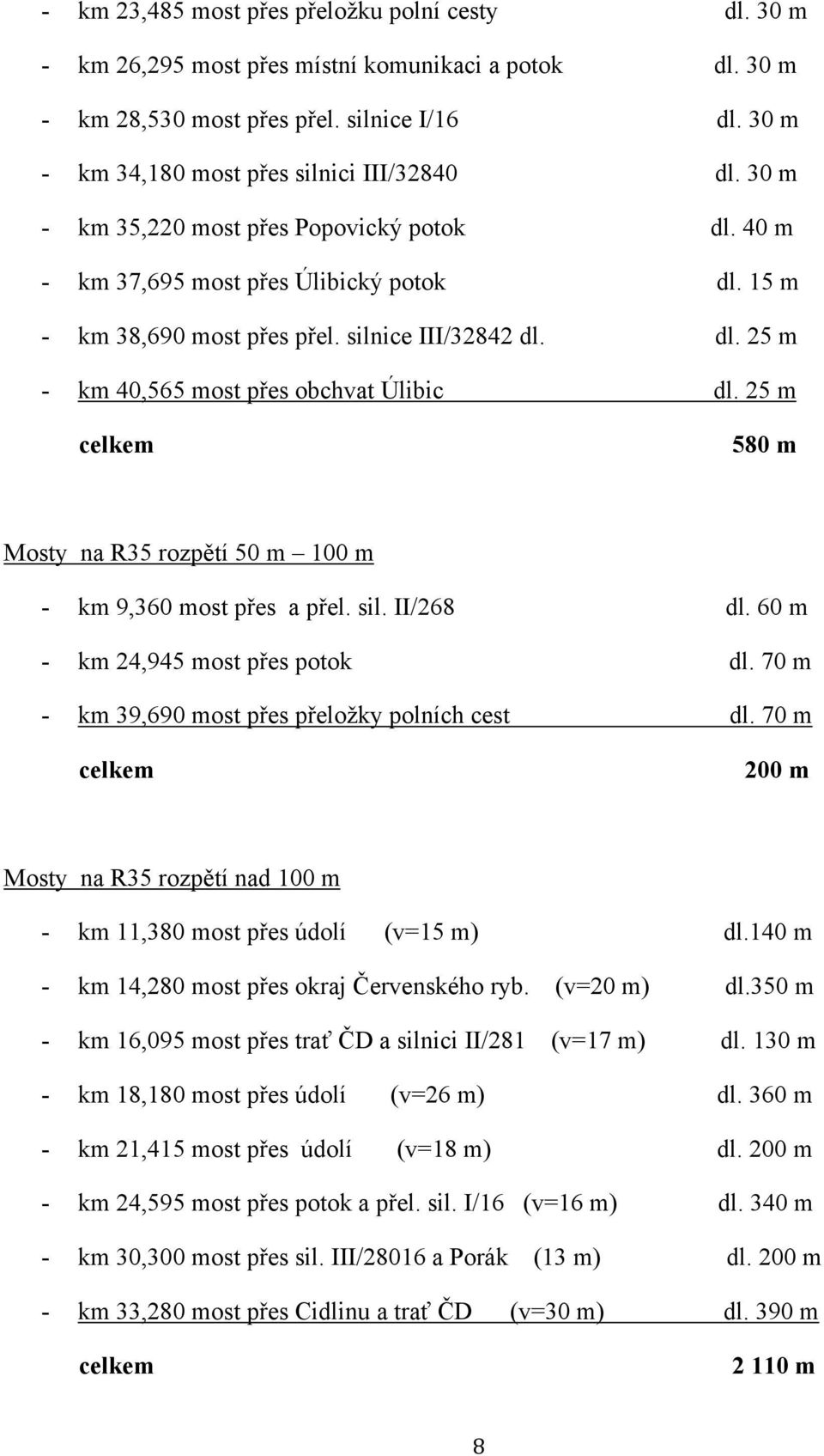 25 m 580 m Mosty na R35 rozpětí 50 m 100 m - km 9,360 most přes a přel. sil. II/268 dl. 60 m - km 24,945 most přes potok dl. 70 m - km 39,690 most přes přeložky polních cest dl.