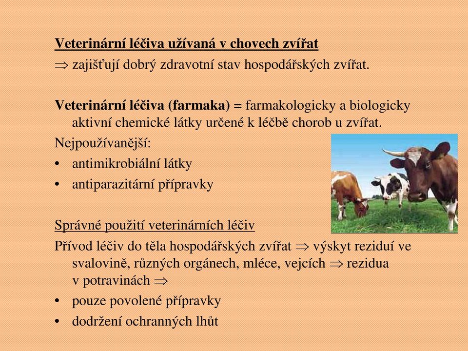 Nejpoužívanější: antimikrobiální látky antiparazitární přípravky Správné použití veterinárních léčiv Přívod léčiv do těla