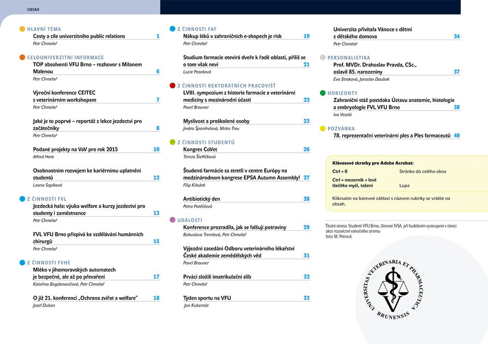 reportáž z lekce jezdectví pro začátečníky 8 Petr Chmelař Podané projekty na VaV pro rok 2015 10 Alfred Hera Osobnostním rozvojem ke kariérnímu uplatnění studentů 12 Leona Sapíková Studium farmacie