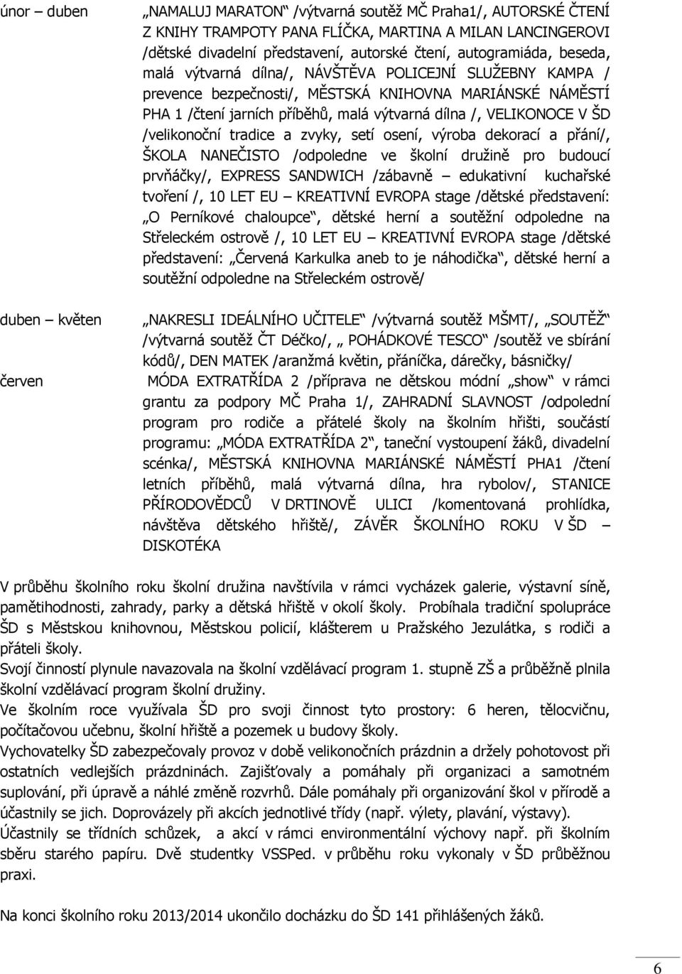 VELIKONOCE V ŠD /velikonoční tradice a zvyky, setí osení, výroba dekorací a přání/, ŠKOLA NANEČISTO /odpoledne ve školní družině pro budoucí prvňáčky/, EXPRESS SANDWICH /zábavně edukativní kuchařské