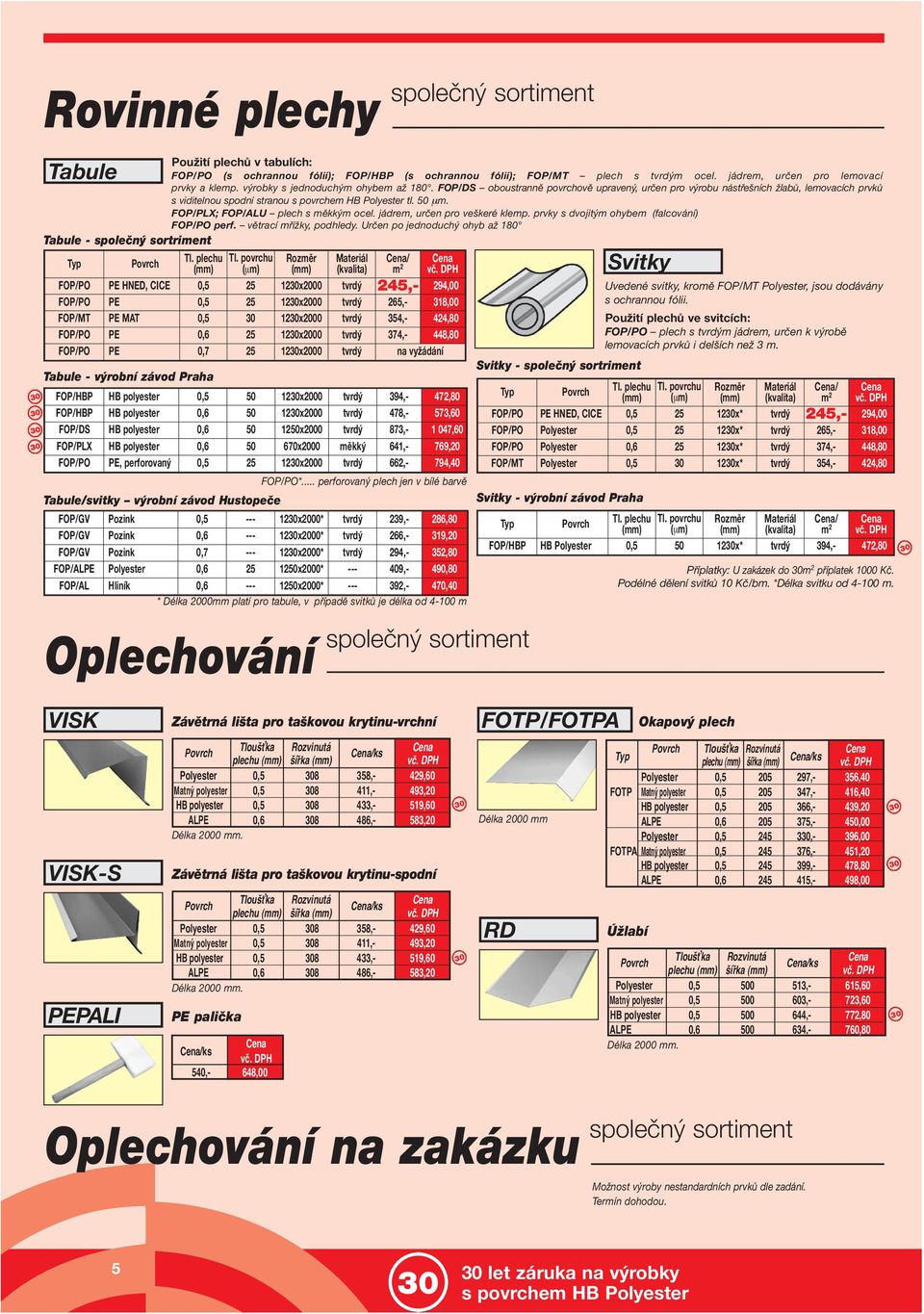 FOP/PLX; FOP/ALU plech s měkkým ocel. jádrem, určen pro veškeré klemp. prvky s dvojitým ohybem (falcování) FOP/PO perf. větrací mřížky, podhledy.