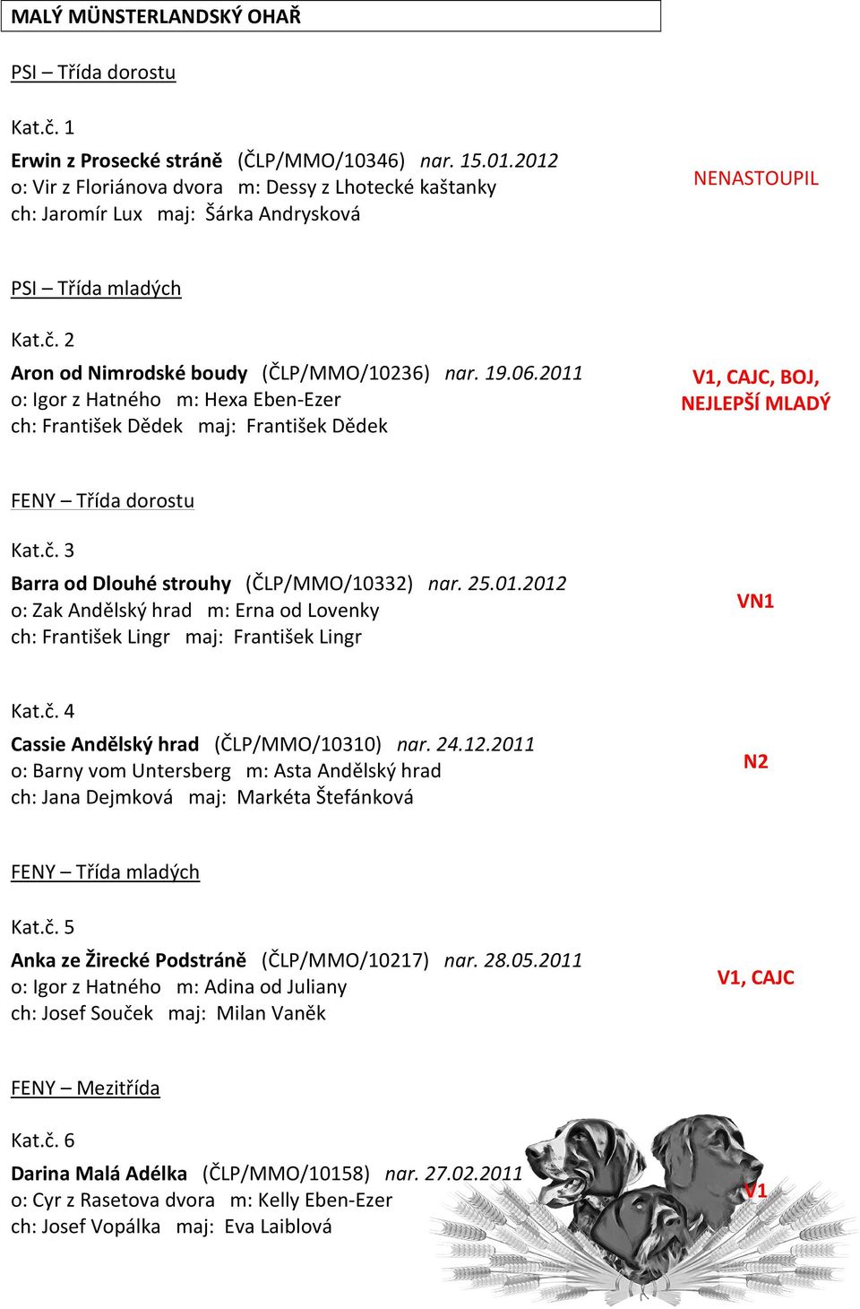 2011 o: Igor z Hatného m: Hexa Eben-Ezer ch: František Dědek maj: František Dědek V1, CAJC, BOJ, NEJLEPŠÍ MLADÝ FENY Třída dorostu Kat.č. 3 Barra od Dlouhé strouhy (ČLP/MMO/10332) nar. 25.01.2012 o: Zak Andělský hrad m: Erna od Lovenky ch: František Lingr maj: František Lingr VN1 Kat.