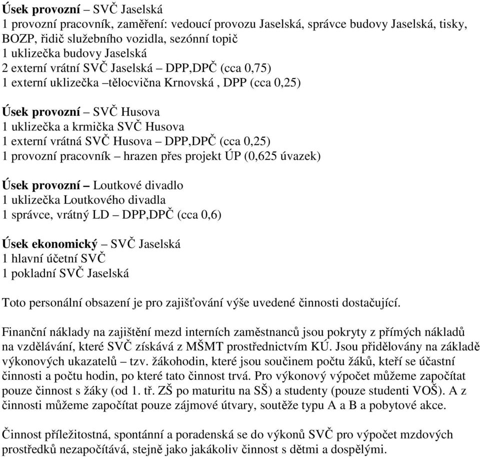 (cca 0,25) 1 provozní pracovník hrazen přes projekt ÚP (0,625 úvazek) Úsek provozní Loutkové divadlo 1 uklizečka Loutkového divadla 1 správce, vrátný LD DPP,DPČ (cca 0,6) Úsek ekonomický SVČ Jaselská