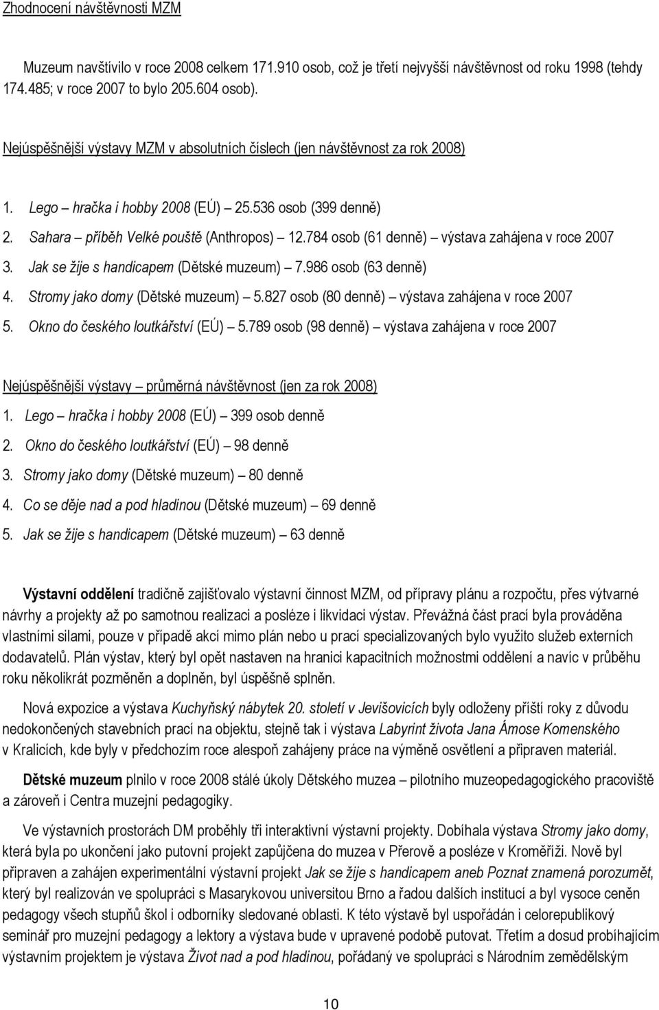 784 osob (61 denně) výstava zahájena v roce 2007 3. Jak se žije s handicapem (Dětské muzeum) 7.986 osob (63 denně) 4. Stromy jako domy (Dětské muzeum) 5.