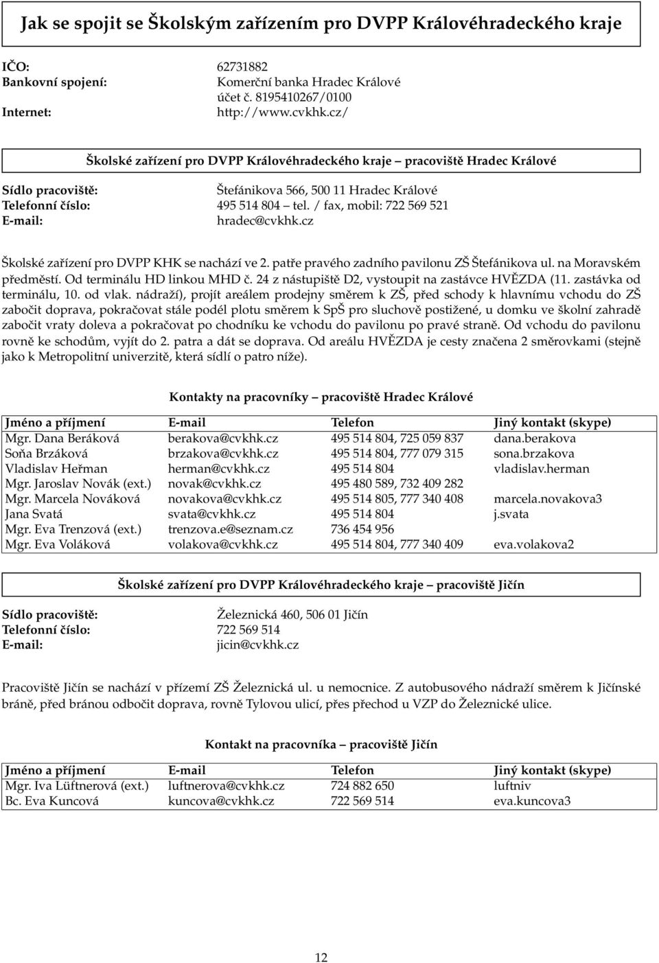 / fax, mobil: 722 569 521 E-mail: hradec@cvkhk.cz Školské zařízení pro DVPP KHK se nachází ve 2. patře pravého zadního pavilonu ZŠ Štefánikova ul. na Moravském předměstí. Od terminálu HD linkou MHD č.