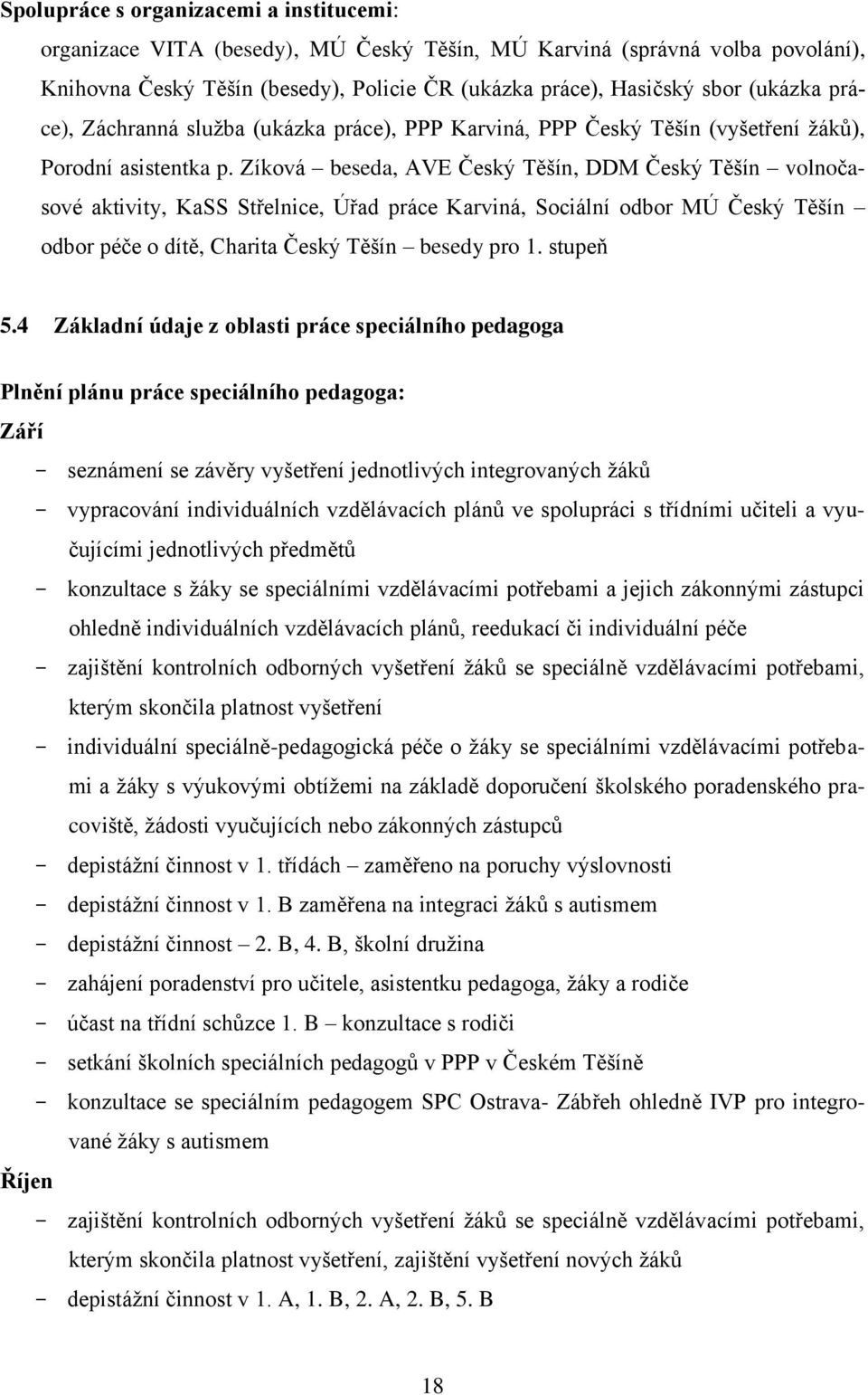 Zíková beseda, AVE Český Těšín, DDM Český Těšín volnočasové aktivity, KaSS Střelnice, Úřad práce Karviná, Sociální odbor MÚ Český Těšín odbor péče o dítě, Charita Český Těšín besedy pro 1. stupeň 5.