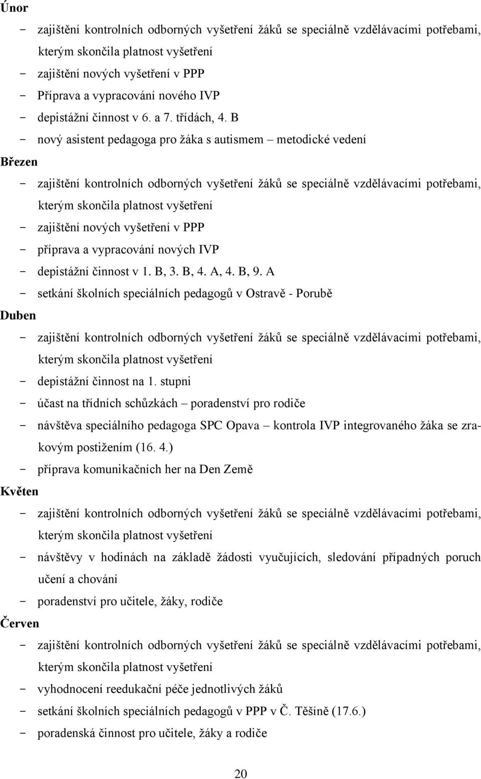 B - nový asistent pedagoga pro žáka s autismem metodické vedení Březen - zajištění kontrolních odborných vyšetření žáků se speciálně vzdělávacími potřebami, kterým skončila platnost vyšetření -