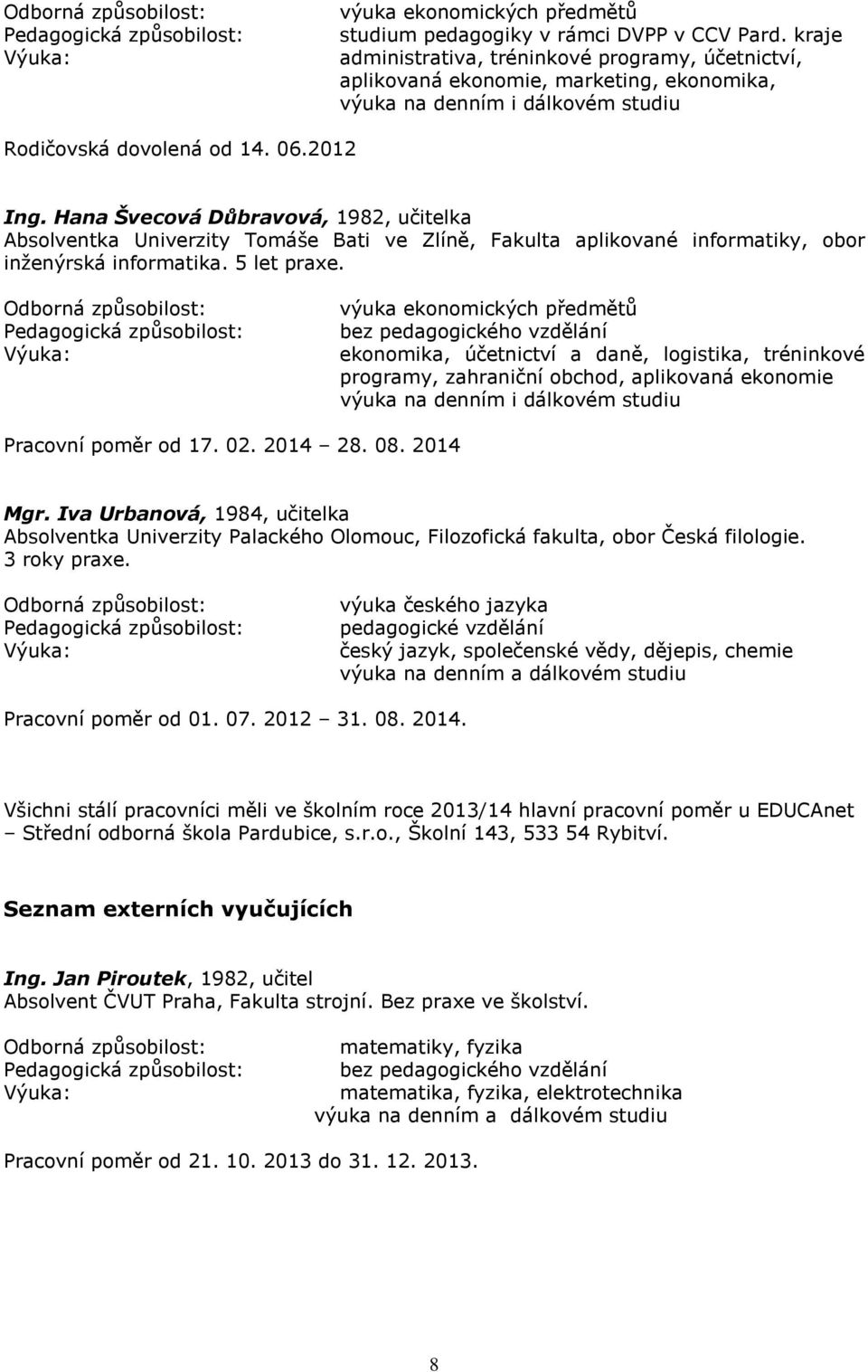 Hana Švecová Důbravová, 1982, učitelka Absolventka Univerzity Tomáše Bati ve Zlíně, Fakulta aplikované informatiky, obor inženýrská informatika. 5 let praxe.