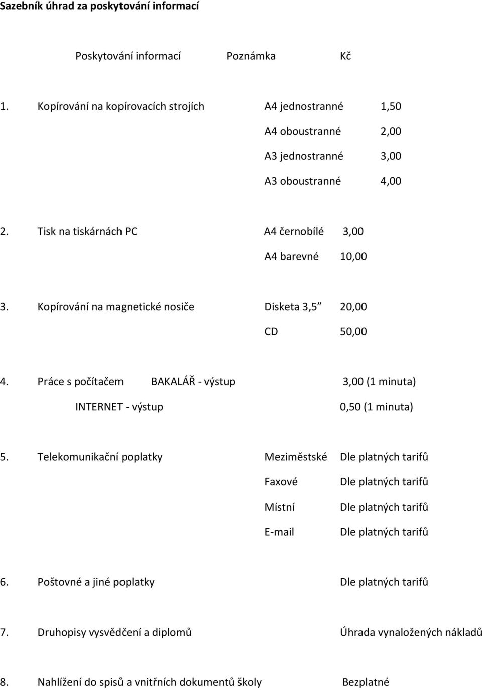 Tisk na tiskárnách PC A4 černobílé 3,00 A4 barevné 10,00 3. Kopírování na magnetické nosiče Disketa 3,5 20,00 CD 50,00 4.