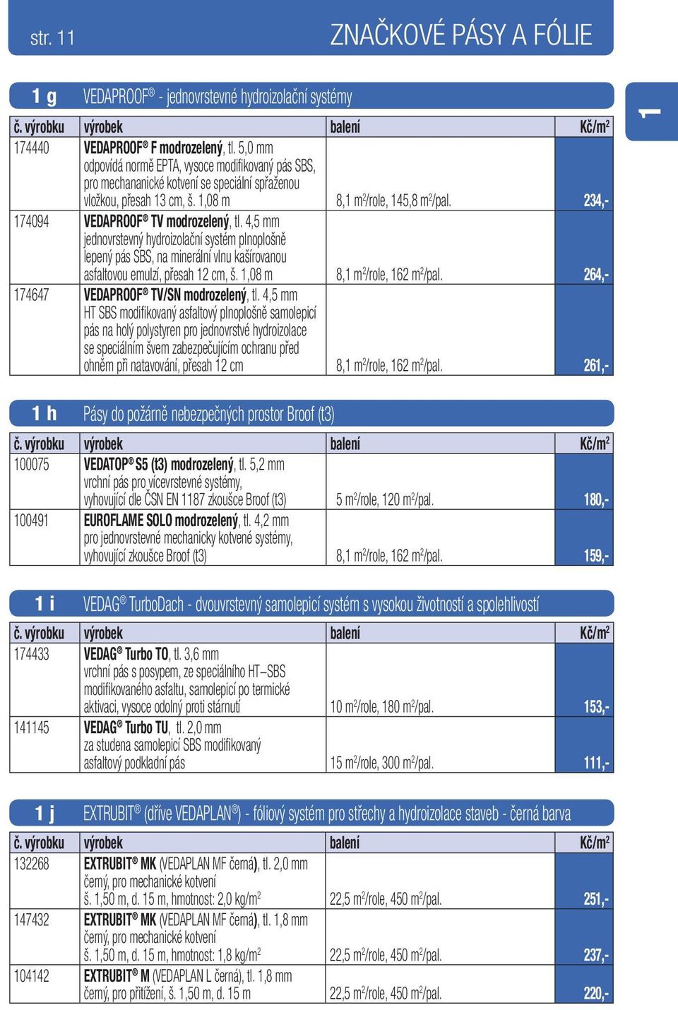 234,- 174094 VEDAPROOF TV modrozelený, tl. 4,5 mm jednovrstevný hydroizolační systém plnoplošně lepený pás SBS, na minerální vlnu kašírovanou asfaltovou emulzí, přesah 12 cm, š.
