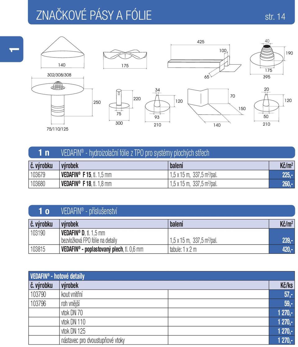 výrobku výrobek balení Kč/m 2 103190 VEDAFIN D, tl. 1,5 mm bezvložková FPO fólie na detaily 1,5 x 15 m, 337,5 m 2 /pal. 239,- 103815 VEDAFIN - poplastovaný plech, tl.