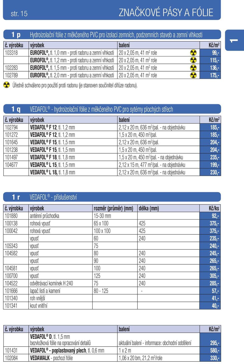 1,5 mm - proti radonu a zemní vlhkosti 20 x 2,05 m, 41 m 2 role 136,- 102789 EUROFOL, tl.