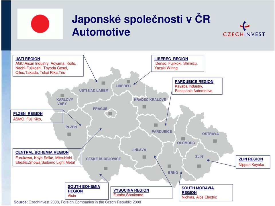 KRALOVE PLZEN PARDUBICE OSTRAVA OLOMOUC CENTRAL BOHEMIA REGION Furukawa, Koyo Seiko, Mitsubishi Electric,Showa,Suitomo Light Metal CESKE BUDEJOVICE JIHLAVA ZLIN ZLIN REGION