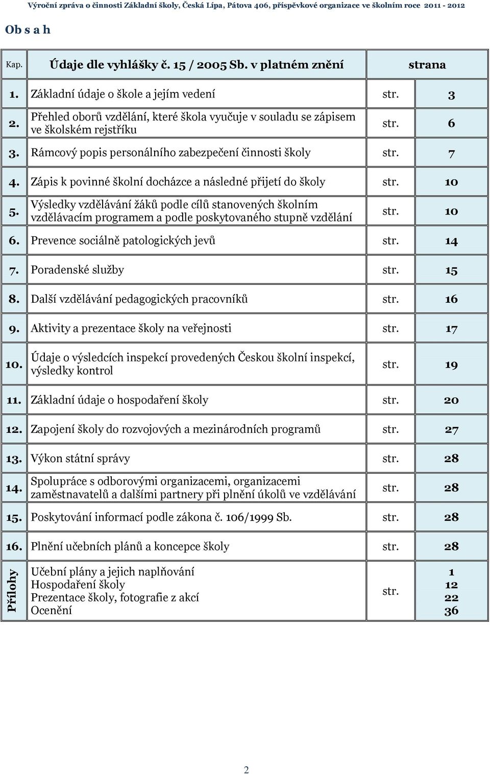 Rámcový popis personálního zabezpečení činnosti školy str. 7 4. Zápis k povinné školní docházce a následné přijetí do školy str. 10 5.