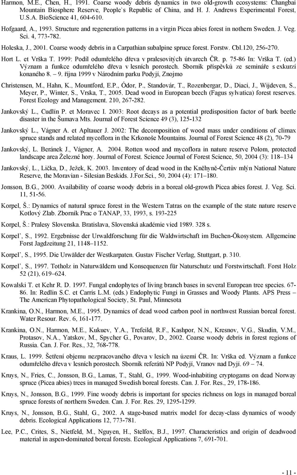 Coarse woody debris in a Carpathian subalpine spruce forest. Forstw. Cbl.120, 256-270. Hort L. et Vrška T. 1999: Podíl odumřelého dřeva v pralesovitých útvarech ČR. p. 75-86 In: Vrška T. (ed.