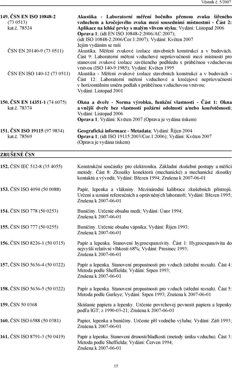 styku; Vydání: Listopad 2006 Oprava 1; (idt EN ISO 10848-2:2006/AC:2007); (idt ISO 10848-2:2006/Cor.1:2007); Vydání: Květen 2007 Jejím vydáním se ruší Akustika.