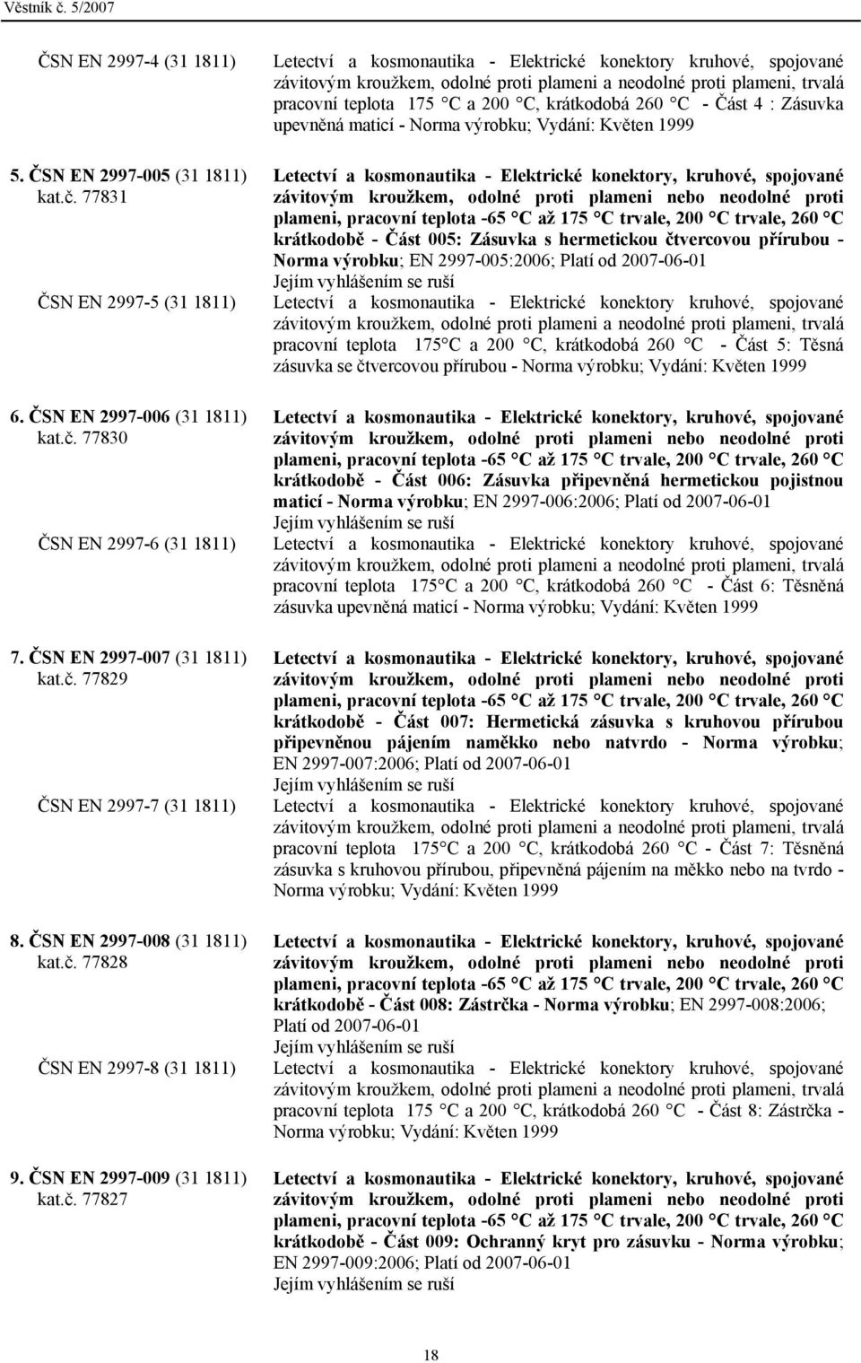 77831 Letectví a kosmonautika - Elektrické konektory, kruhové, spojované závitovým kroužkem, odolné proti plameni nebo neodolné proti plameni, pracovní teplota -65 C až 175 C trvale, 200 C trvale,