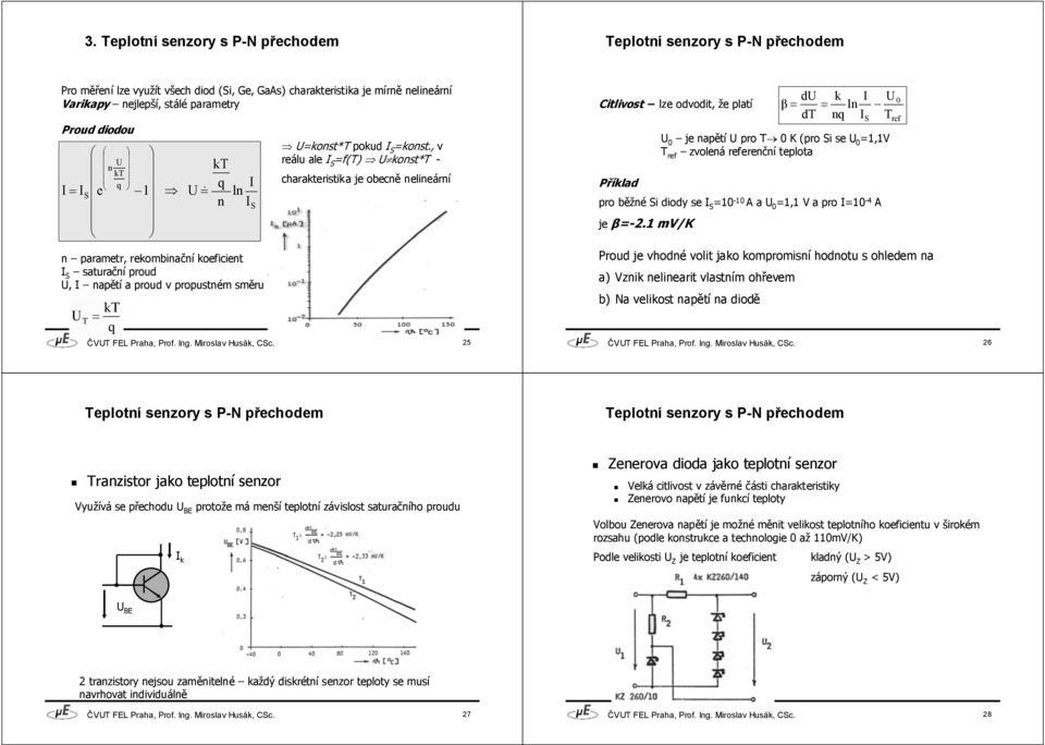 , v reálu ale I S =f(t) U konst*t - charakteristika je obecně nelineární Citlivost lze odvodit, že platí Příklad β = du dt k ln nq I I S U T U 0 je napětí U pro T 0 K (pro Si se U 0 =1,1V T ref