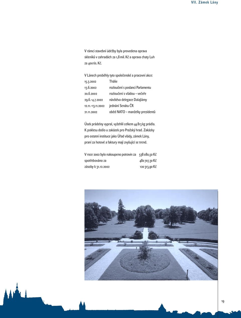 13.11.2002 jednání Senátu ČR 21.11.2002 oběd NATO manželky prezidentů Úsek prádelny vypral, vyžehlil celkem 44 813 kg prádla. K poklesu došlo u zakázek pro Pražský hrad.