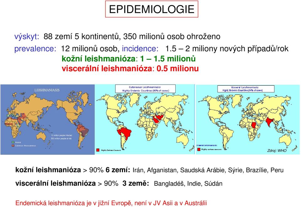 5 milionu Zdroj: WHO kožní leishmanióza > 90% 6 zemí: Irán, Afganistan, Saudská Arábie, Sýrie, Brazílie, Peru