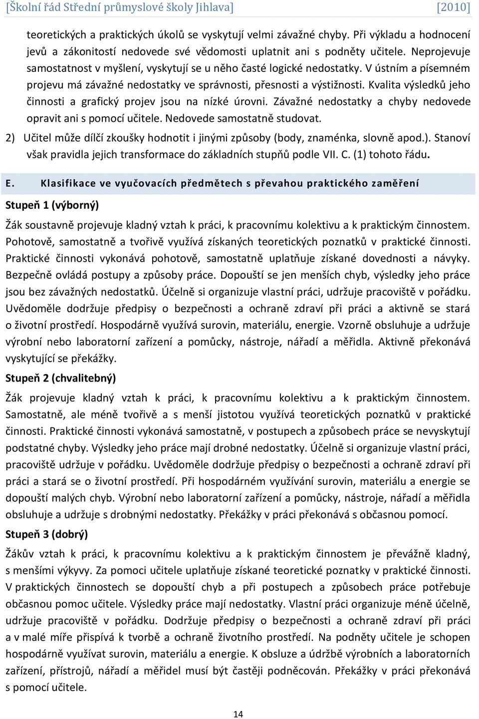 Kvalita výsledků jeho činnosti a grafický projev jsou na nízké úrovni. Závažné nedostatky a chyby nedovede opravit ani s pomocí učitele. Nedovede samostatně studovat.