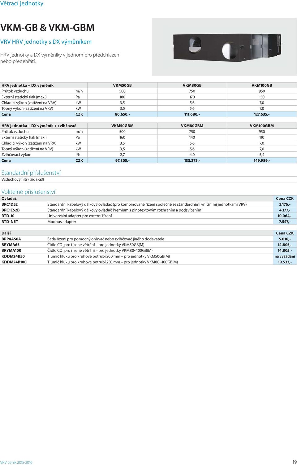 ) Pa 180 170 150 Chladicí výkon (zatížení na VRV) kw 3,5 5,6 7,0 Topný výkon (zatížení na VRV) kw 3,5 5,6 7,0 80.650,- 111.680,- 127.