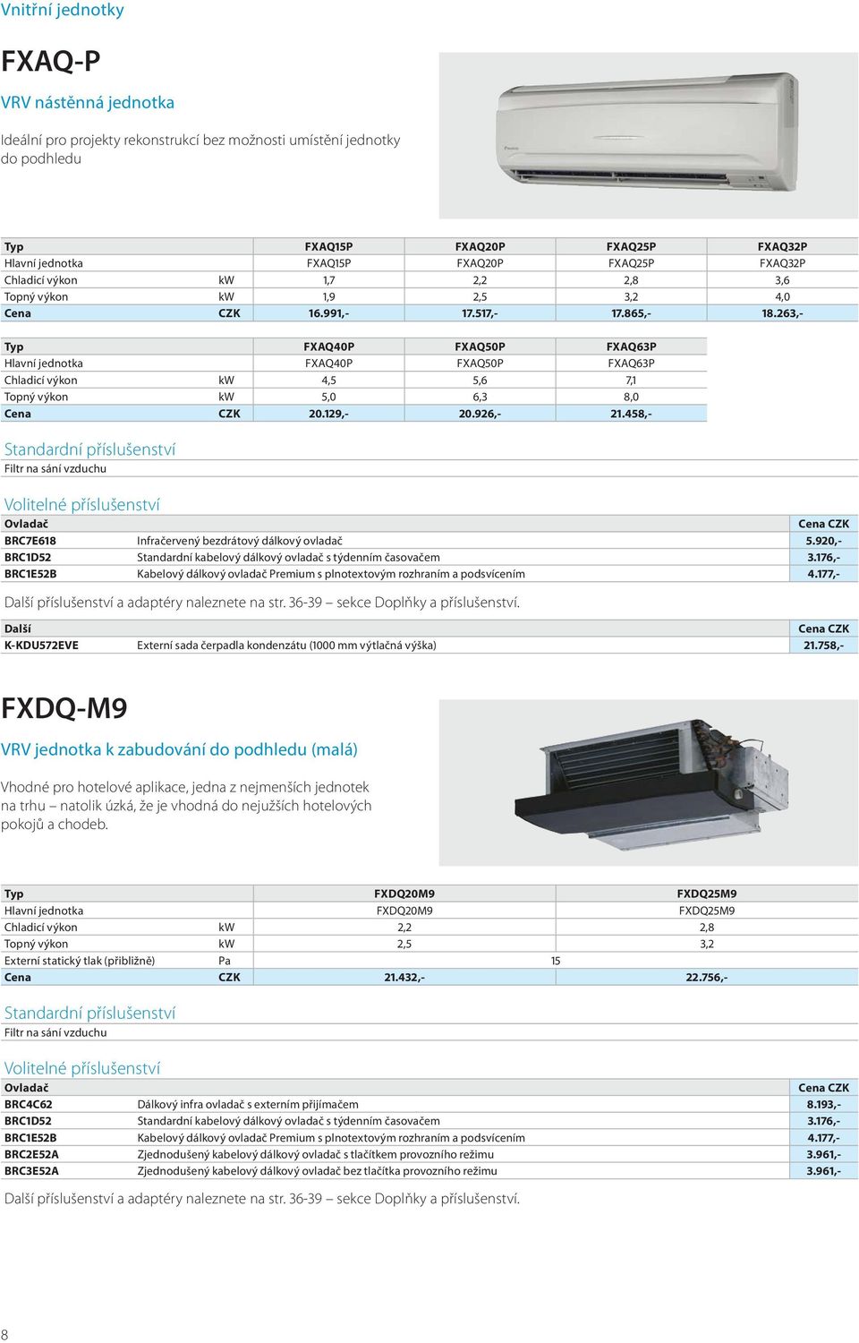 263,- Typ FXAQ40P FXAQ50P FXAQ63P Hlavní jednotka FXAQ40P FXAQ50P FXAQ63P Chladicí výkon kw 4,5 5,6 7,1 Topný výkon kw 5,0 6,3 8,0 20.129,- 20.926,- 21.