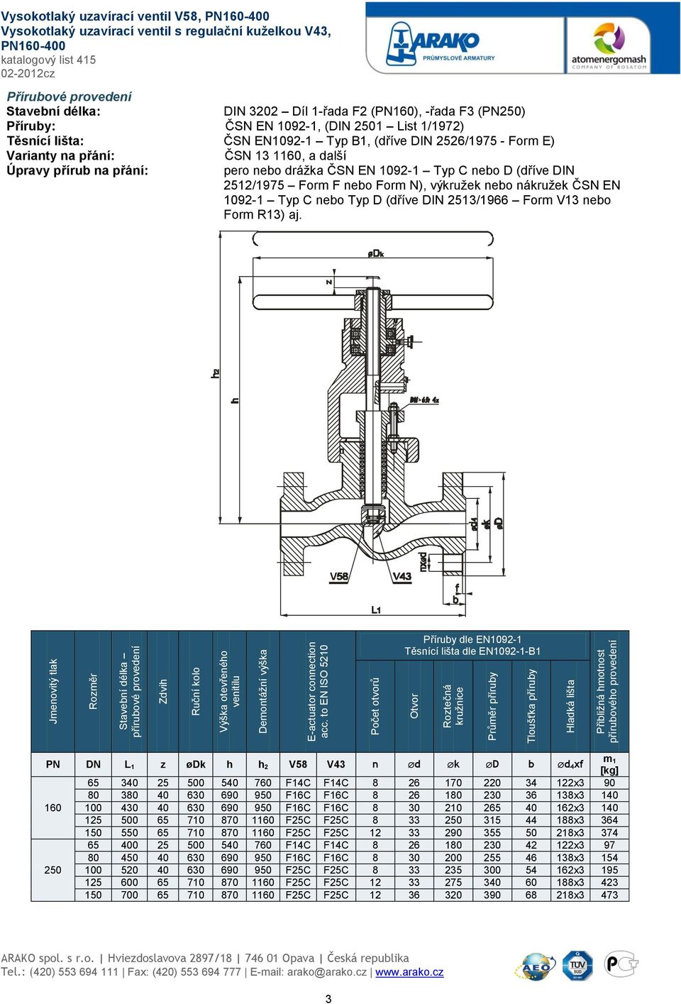 V43, PN160-400 katalogový list 415 Přírubové provedení Stavební délka: DIN 3202 Díl 1-řada F2 (PN160), -řada F3 (PN250) Příruby: ČSN EN 1092-1, (DIN 2501 List 1/1972) Těsnící lišta: ČSN EN1092-1 Typ