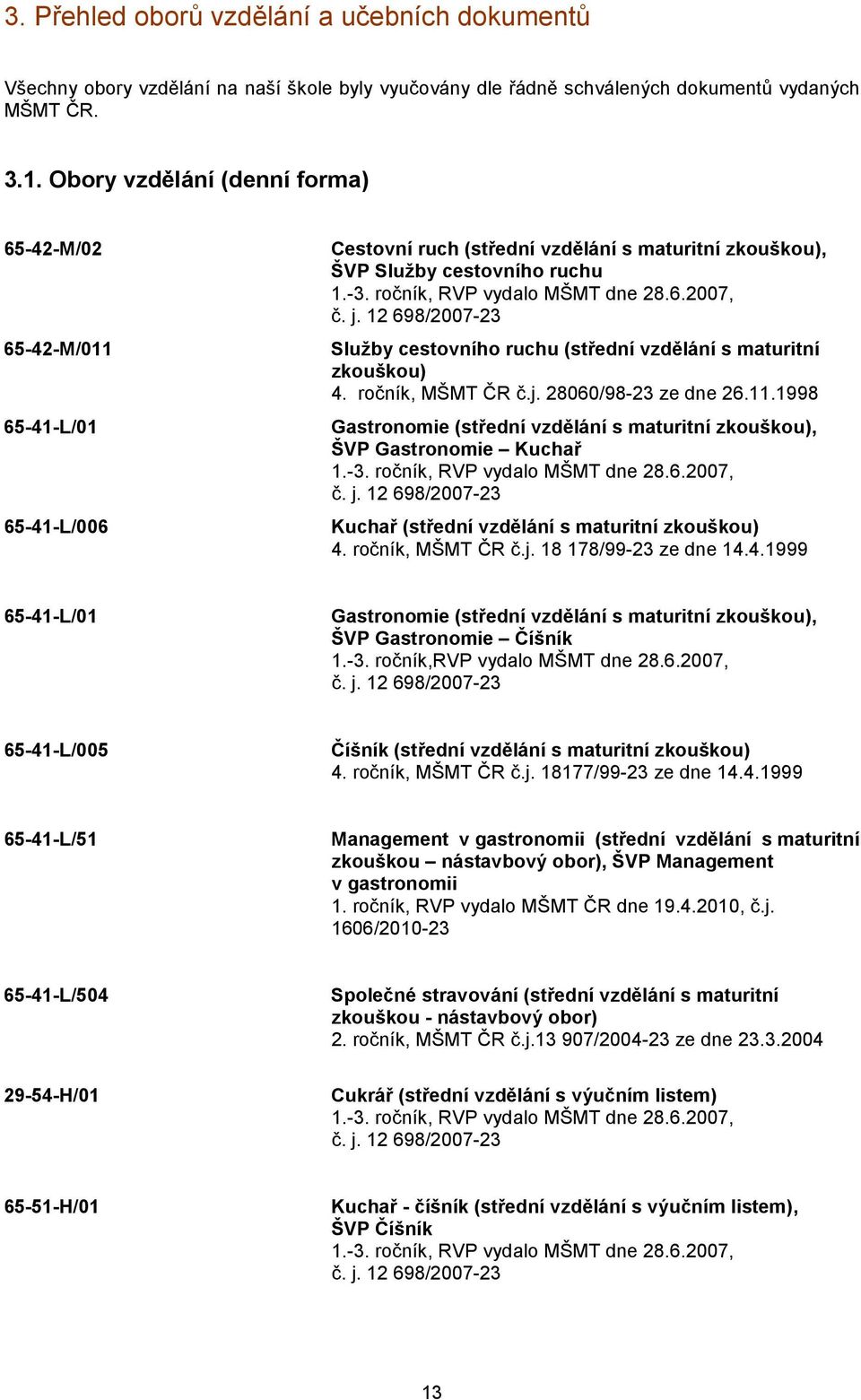 j. 12 698/2007-23 Služby cestovního ruchu (střední vzdělání s maturitní zkouškou) 4. ročník, MŠMT ČR č.j. 28060/98-23 ze dne 26.11.