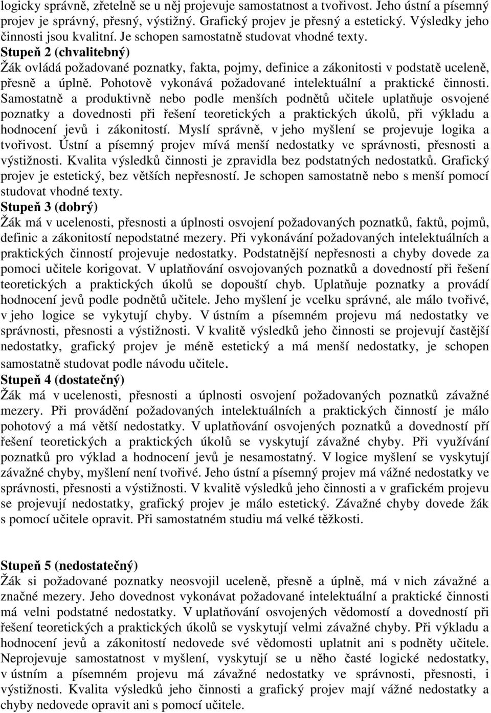 Stupeň 2 (chvalitebný) Žák ovládá požadované poznatky, fakta, pojmy, definice a zákonitosti v podstatě uceleně, přesně a úplně. Pohotově vykonává požadované intelektuální a praktické činnosti.