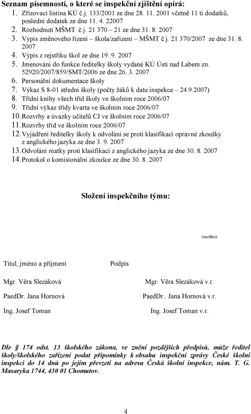 Jmenování do funkce ředitelky školy vydané KÚ Ústí nad Labem zn. 52920/2007/859/SMT/2006 ze dne 26. 3. 2007 6. Personální dokumentace školy 7.