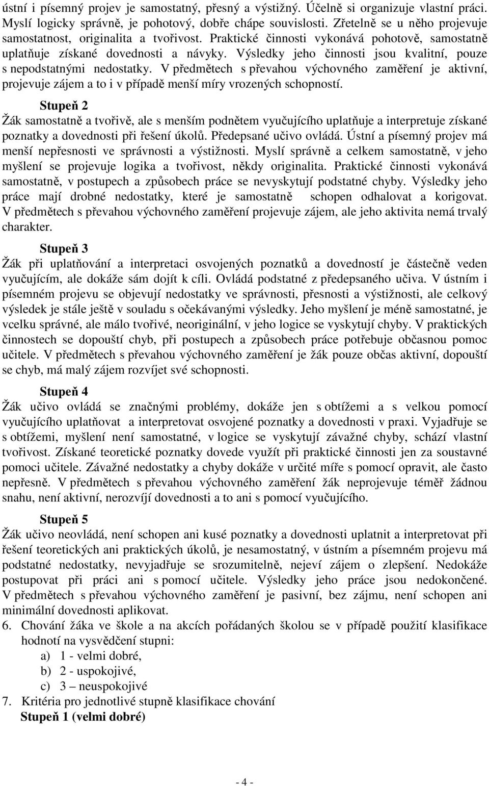 Výsledky jeho činnosti jsou kvalitní, pouze s nepodstatnými nedostatky. V předmětech s převahou výchovného zaměření je aktivní, projevuje zájem a to i v případě menší míry vrozených schopností.