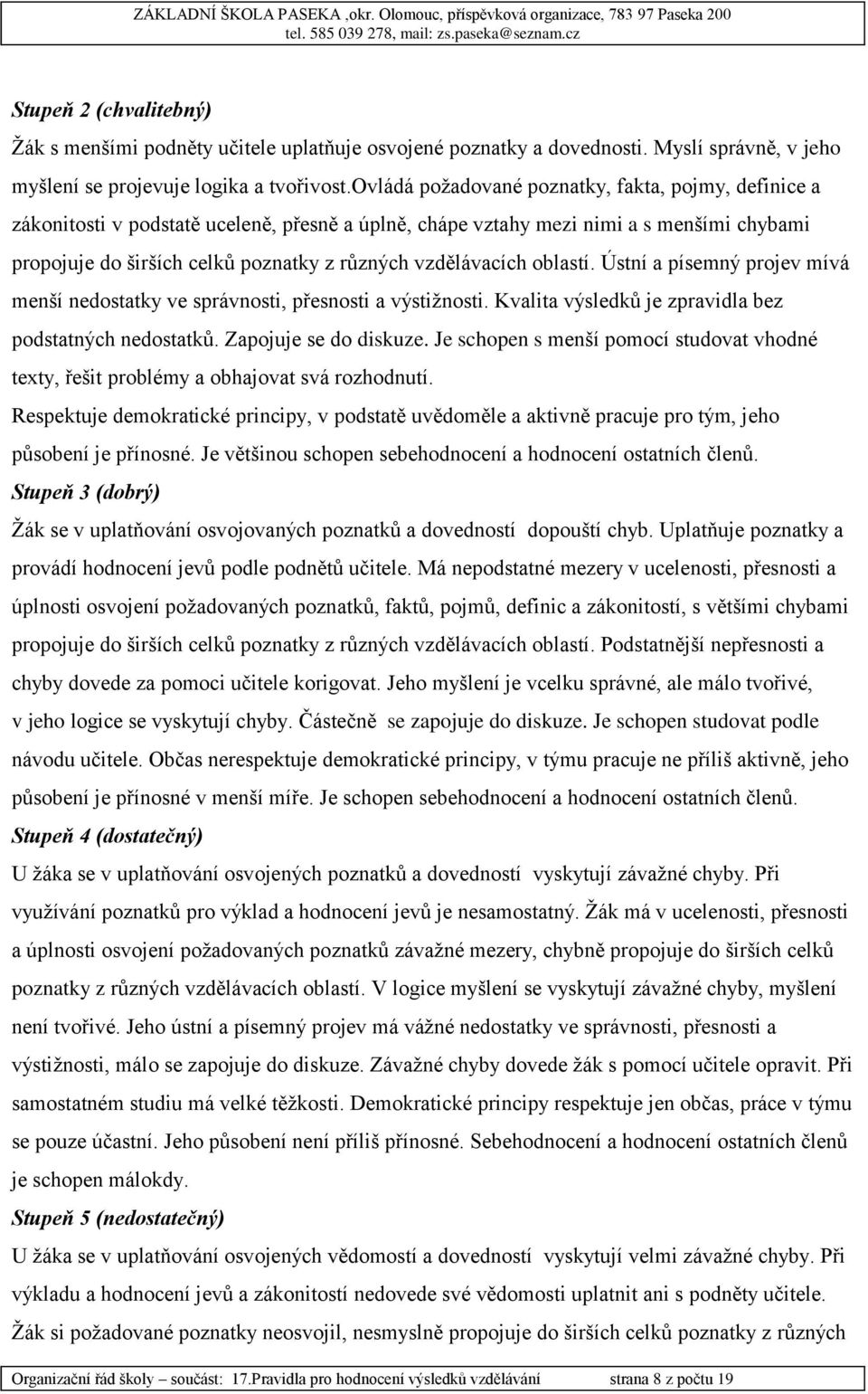 vzdělávacích oblastí. Ústní a písemný projev mívá menší nedostatky ve správnosti, přesnosti a výstižnosti. Kvalita výsledků je zpravidla bez podstatných nedostatků. Zapojuje se do diskuze.