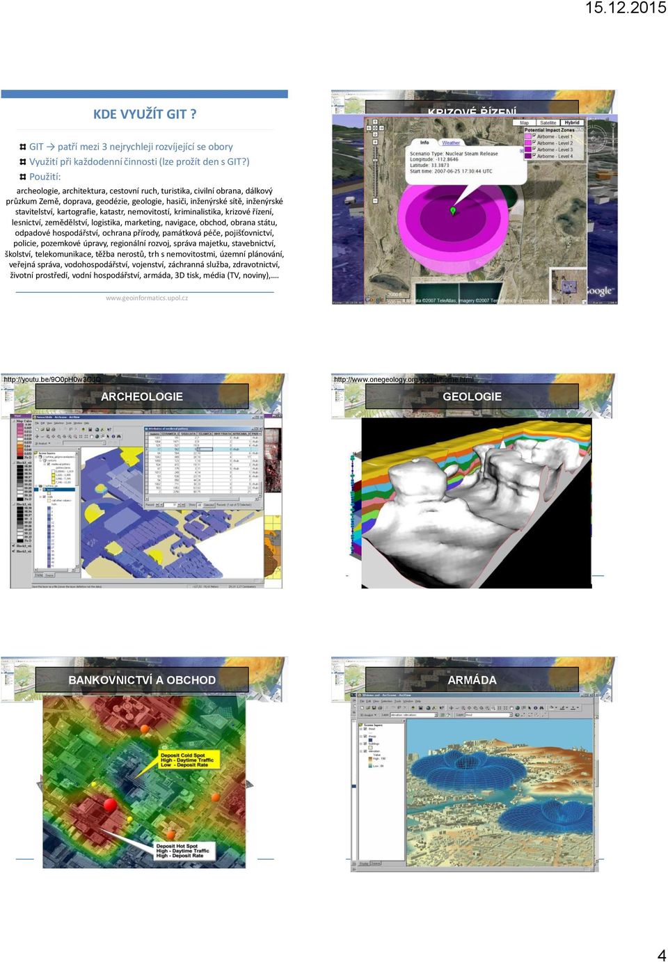 katastr, nemovitostí, kriminalistika, krizové řízení, lesnictví, zemědělství, logistika, marketing, navigace, obchod, obrana státu, odpadové hospodářství, ochrana přírody, památková péče,