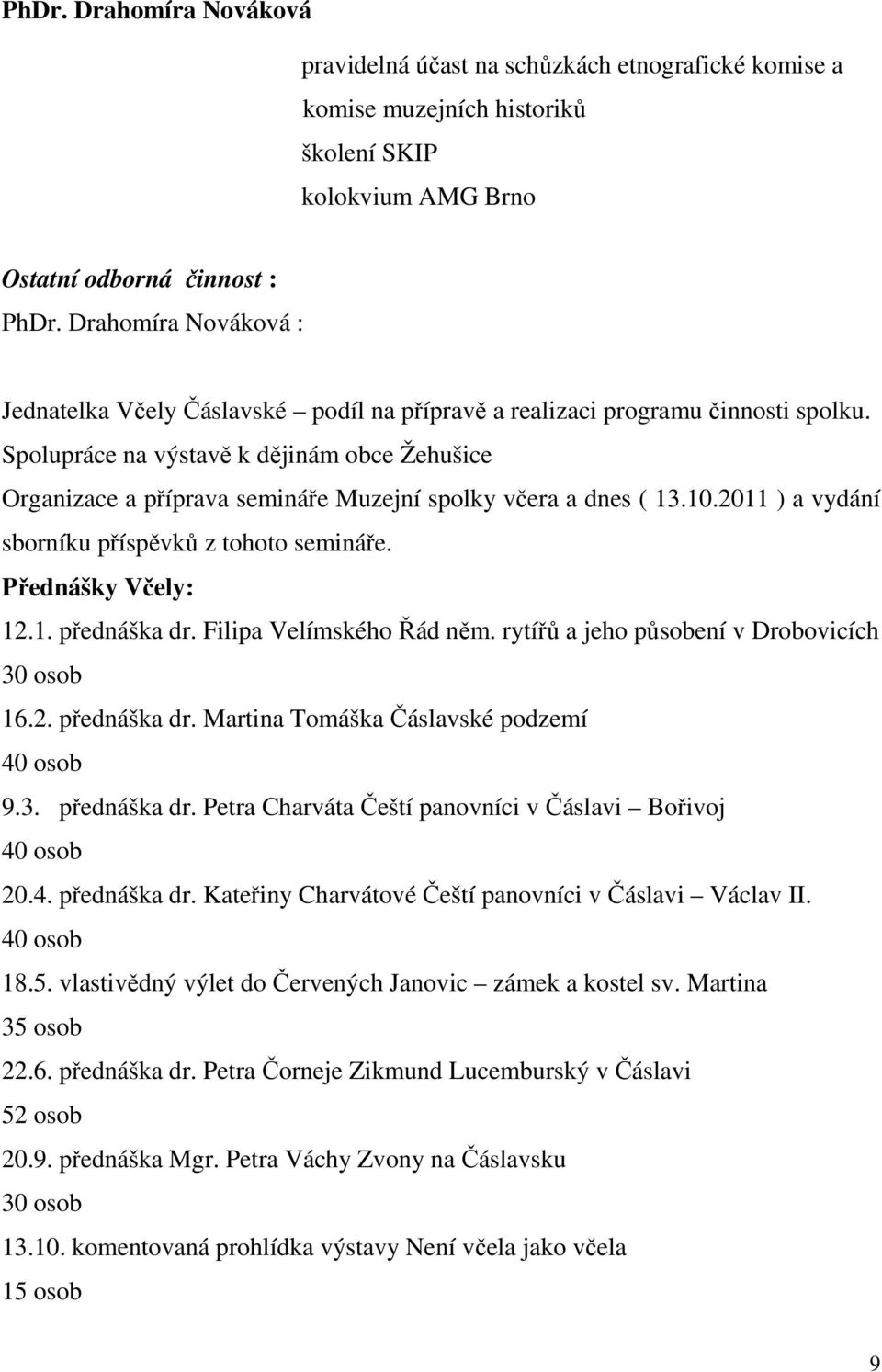 Spolupráce na výstavě k dějinám obce Žehušice Organizace a příprava semináře Muzejní spolky včera a dnes ( 13.10.2011 ) a vydání sborníku příspěvků z tohoto semináře. Přednášky Včely: 12.1. přednáška dr.