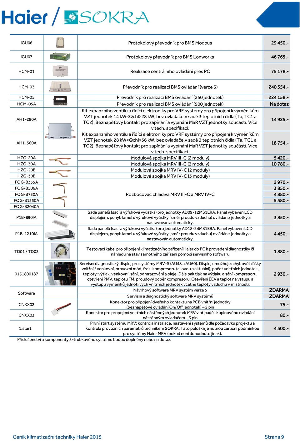 a řídící elektroniky pro VRF systémy pro připojení k výměníkům VZT jednotek 14 kw<qchl>28 kw, bez ovladače,v sadě 3 teplotních čidla (Ta, TC1 a TC2).