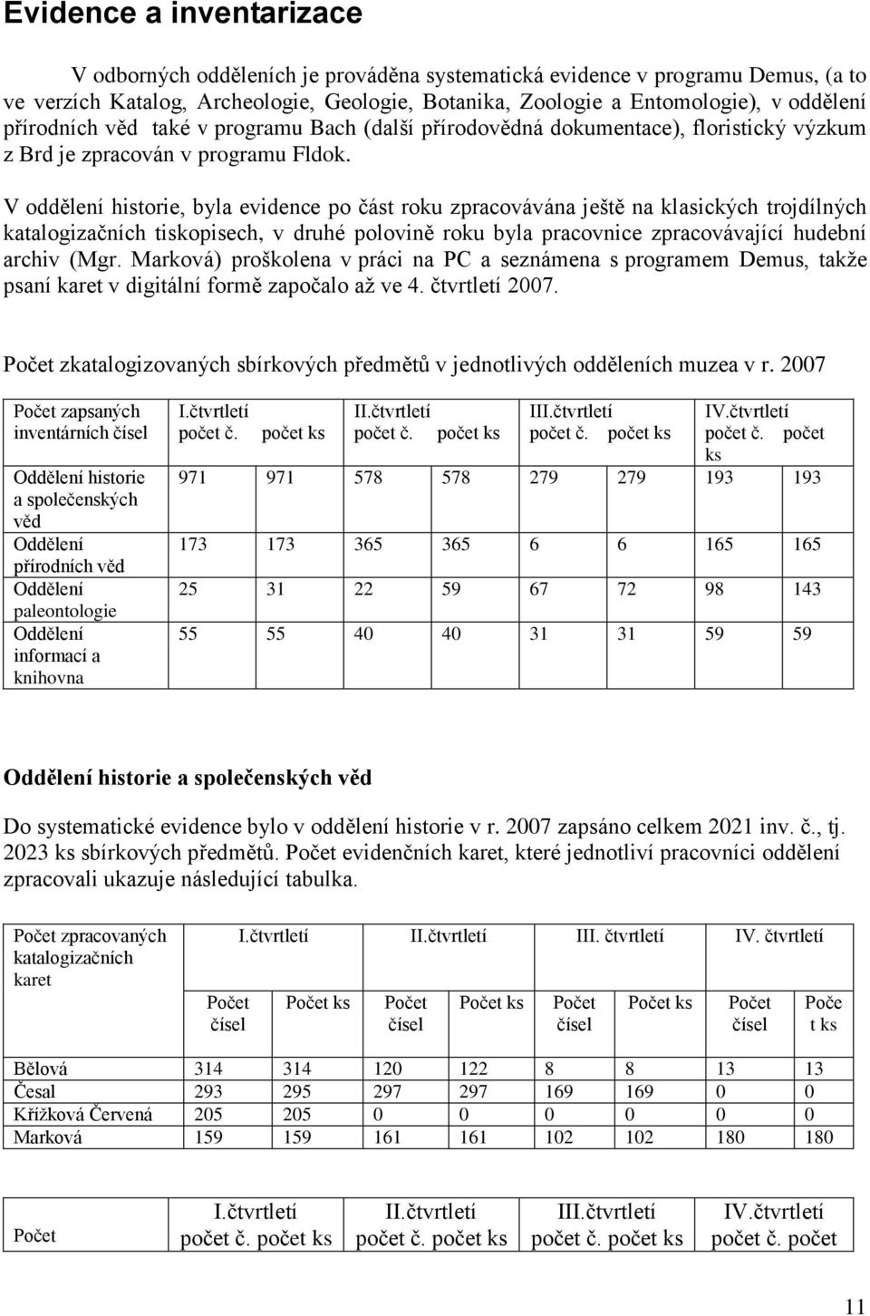 V oddělení historie, byla evidence po část roku zpracovávána ještě na klasických trojdílných katalogizačních tiskopisech, v druhé polovině roku byla pracovnice zpracovávající hudební archiv (Mgr.