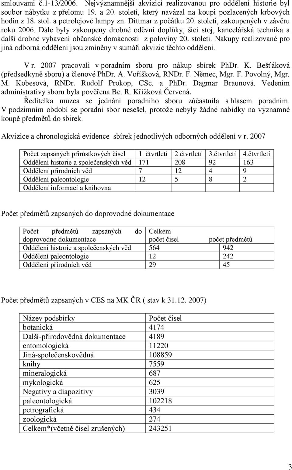 století. Nákupy realizované pro jiná odborná oddělení jsou zmíněny v sumáři akvizic těchto oddělení. V r. 2007 pracovali v poradním sboru pro nákup sbírek PhDr. K.