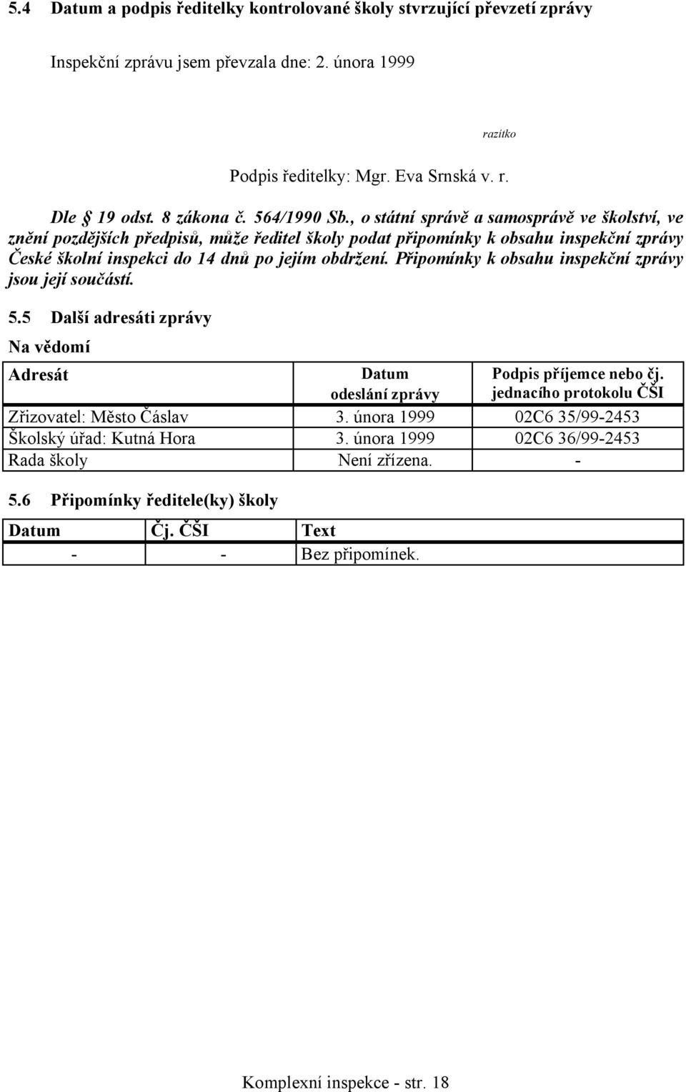 Připomínky k obsahu inspekční zprávy jsou její součástí. 5.5 Další adresáti zprávy Na vědomí Adresát Datum odeslání zprávy Podpis příjemce nebo čj. jednacího protokolu ČŠI Zřizovatel: Město Čáslav 3.