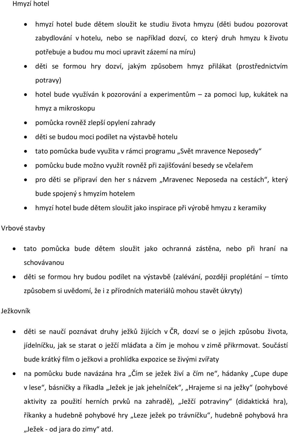 rovněž zlepší opylení zahrady děti se budou moci podílet na výstavbě hotelu tato pomůcka bude využita v rámci programu Svět mravence Neposedy pomůcku bude možno využít rovněž při zajišťování besedy