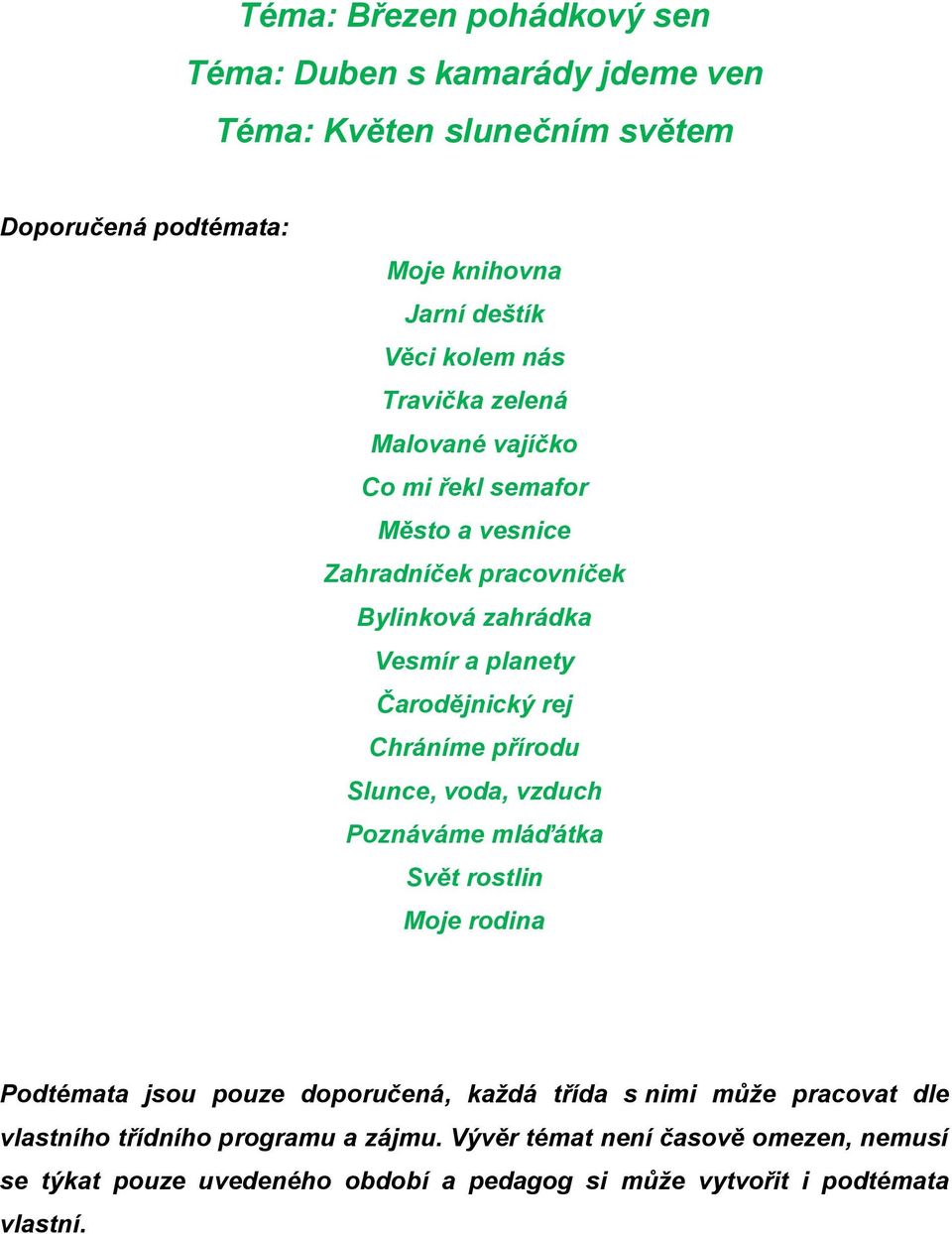 Chráníme přírodu Slunce, voda, vzduch Poznáváme mláďátka Svět rostlin Moje rodina Podtémata jsou pouze doporučená, každá třída s nimi může pracovat dle