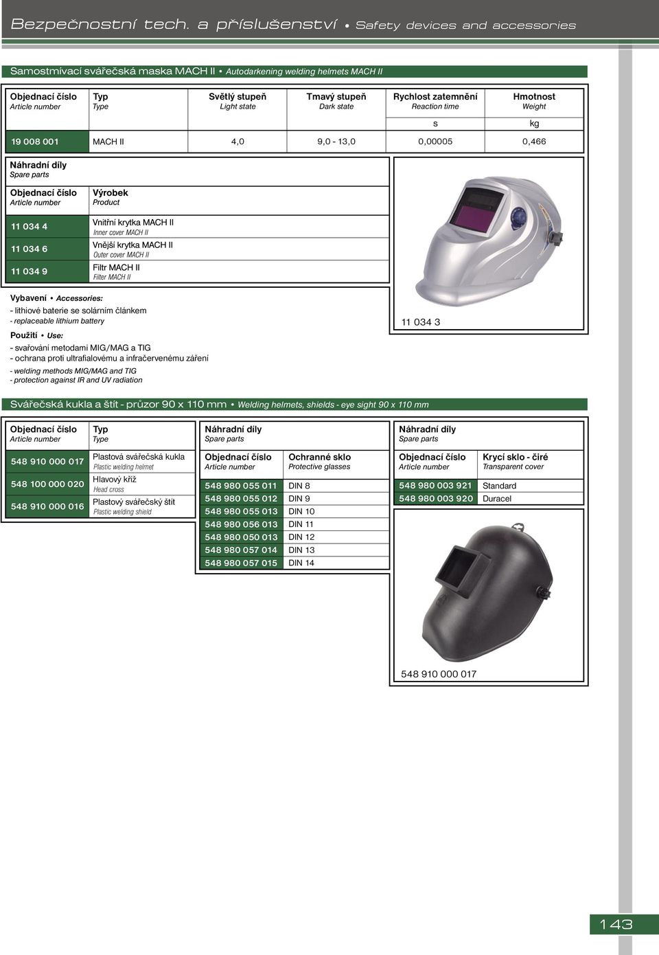 welding methods MIG/MAG and TIG - protection against IR and UV radiation 11 034 3 Svářečská kukla a štít - průzor 90 x 110 mm Welding helmets, shields - eye sight 90 x 110 mm Náhradní díly Spare