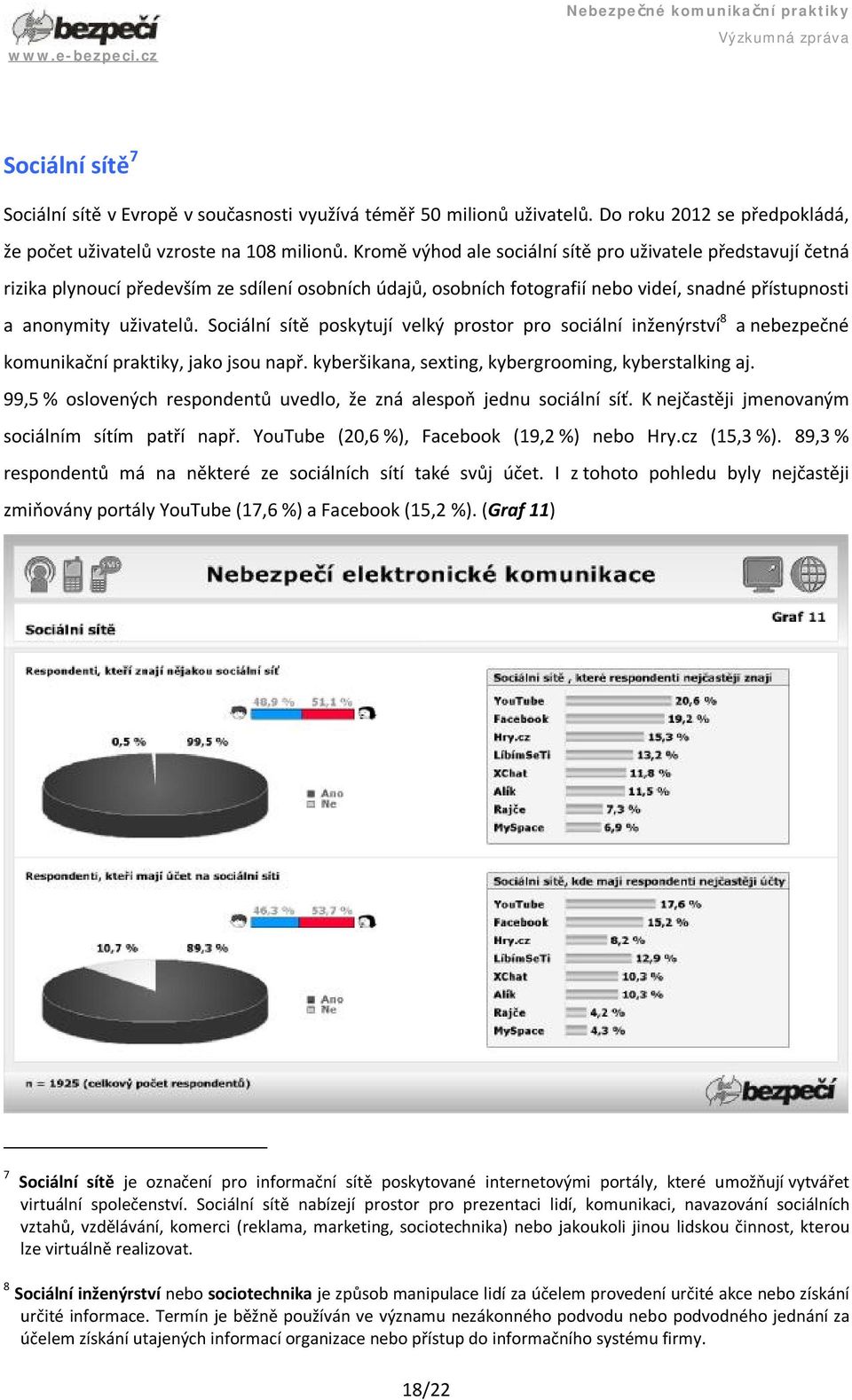 Sociální sítě poskytují velký prostor pro sociální inženýrství 8 a nebezpečné komunikační praktiky, jako jsou např. kyberšikana, sexting, kybergrooming, kyberstalking aj.